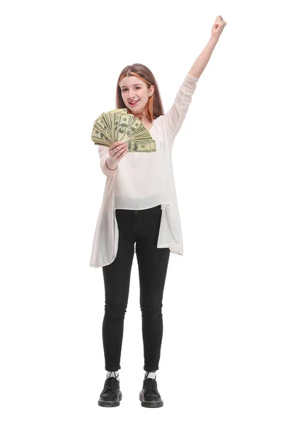 Mutlu kadın Amerikan dolarlarını tutuyor ve mutluluğu işaret ediyor — Stok fotoğraf
