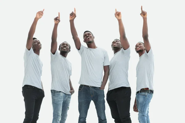 Skupina chlapů ukazujících někam nahoru. izolované na bílém — Stock fotografie