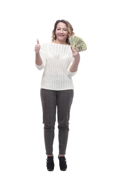 Banknotları olan mutlu genç bir kadın. bir beyaz üzerinde izole — Stok fotoğraf