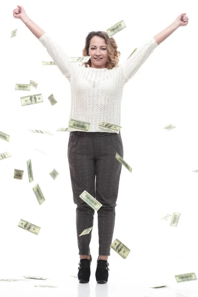 Gelukkige jonge vrouw met bankbiljetten. geïsoleerd op een wit — Stockfoto