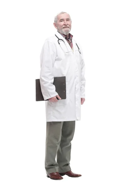 Elderly competent doctor with clipboard. isolated on a white — Stock Photo, Image