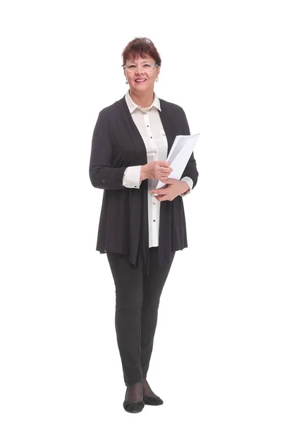 Senior glückliche Geschäftsfrau mit Finanzunterlagen — Stockfoto
