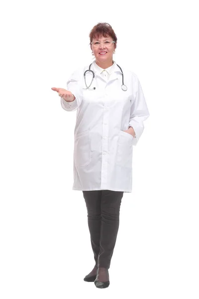 Happy smiling female doctor with thumbs up gesture — Stock Photo, Image