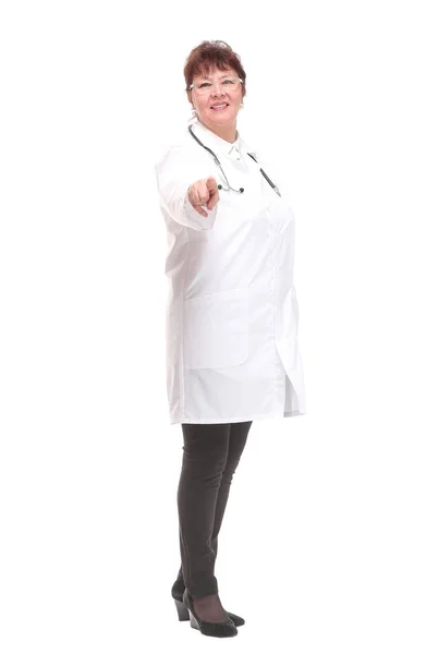 아름다운 행복 한 미소를 짓고 있는 여의사 간호사 가양 팔을 벌리고 서 있다 — 스톡 사진