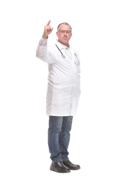 Cheerful mature doctor looking at camera and pointing away — Stock Photo, Image