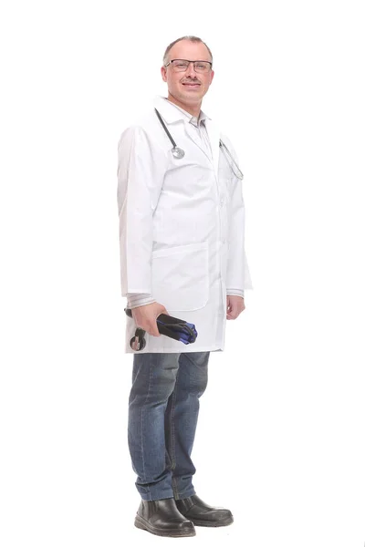 Male doctor holding blood pressure monitor on white background — Stock Photo, Image