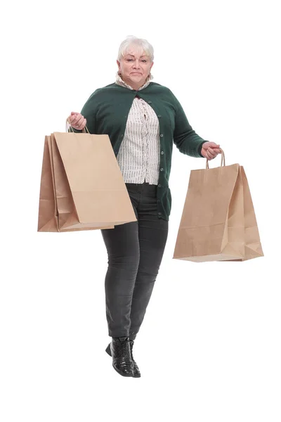 Beautiful mature shopping woman happy excited smiling with bag — Stock Photo, Image