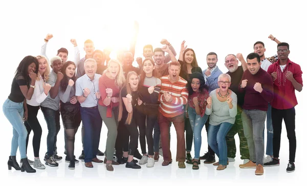 Große Gruppe unterschiedlicher Menschen, die ihren Erfolg zeigen. i — Stockfoto