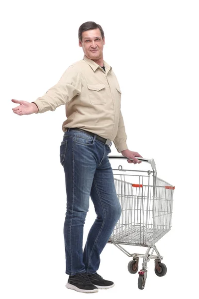 男ショッピングとともにスーパーマーケットバスケットカートショーok sign — ストック写真