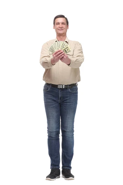 Щасливий усміхнений бізнесмен в джинсах з доларовими грошима показує великі пальці вгору — стокове фото