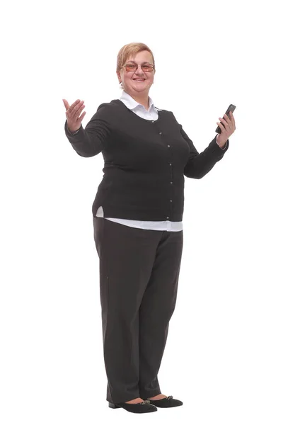 Mujer mayor feliz con un teléfono inteligente. Aislado sobre fondo blanco. —  Fotos de Stock