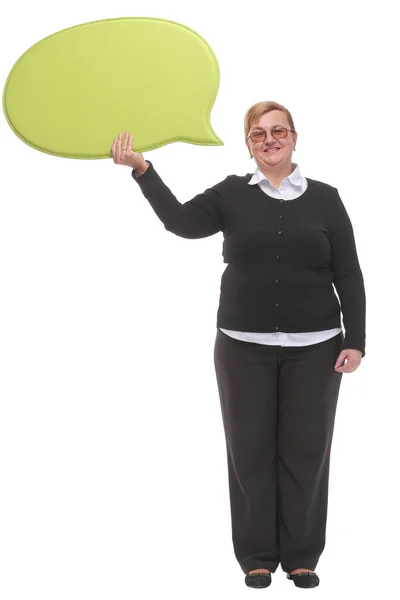 Glückliche Frau mittleren Alters hält Sprechblase auf weißem Hintergrund — Stockfoto