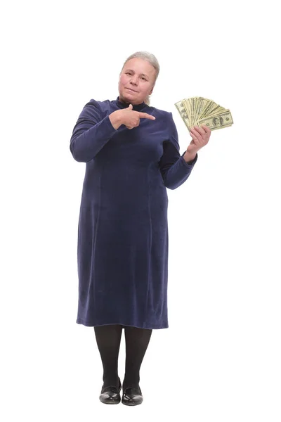 Mujer de mediana edad sosteniendo billetes de banco dólares sobre fondo aislado muy feliz — Foto de Stock