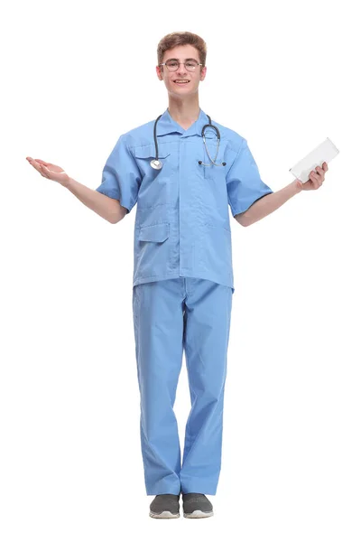 Smiling doctor with tablet computer isolated over white background — Stock Photo, Image