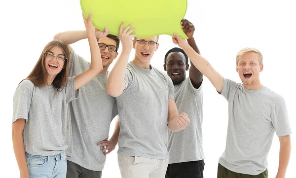 Diversos jóvenes con camisetas idénticas sosteniendo una burbuja —  Fotos de Stock