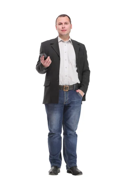 Fešák šťastný obchodní muž pomocí smartphone proti bílému pozadí — Stock fotografie