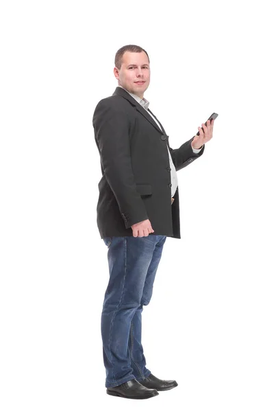Боковой вид менеджера, присутствующего на телефонном звонке изолирован на белом фоне — стоковое фото