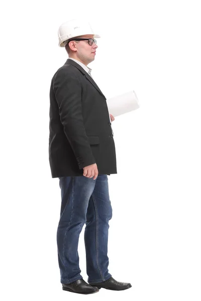 Full length side view portrait of young engineer wearing a white — Stock Photo, Image