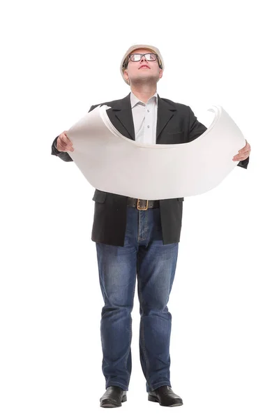 Retrato de comprimento total de homem de negócios sério em hardhat branco com planta olhando para cima — Fotografia de Stock