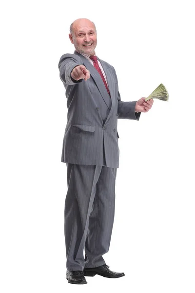 Leende senior gentleman som håller pengar med hand och ficka — Stockfoto