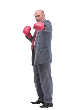 Kafkasyalı ciddi yaşlı bir adam iş hayatında resmi kıyafet giymiş, boks eldivenleri giyiyor.