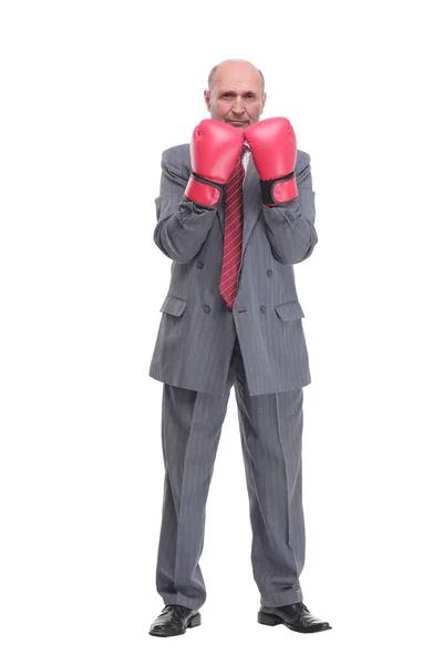 Homme d'affaires avec gants de boxe avec caméra mise au point sur l'homme — Photo