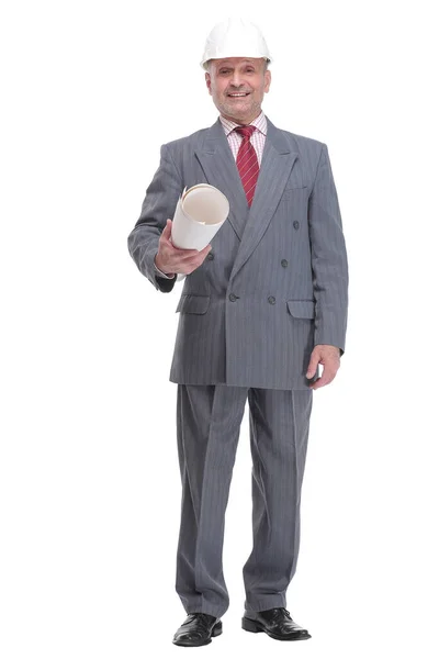 Portrait of successfull architect wearing hardhat and with blueprint — Stock Photo, Image