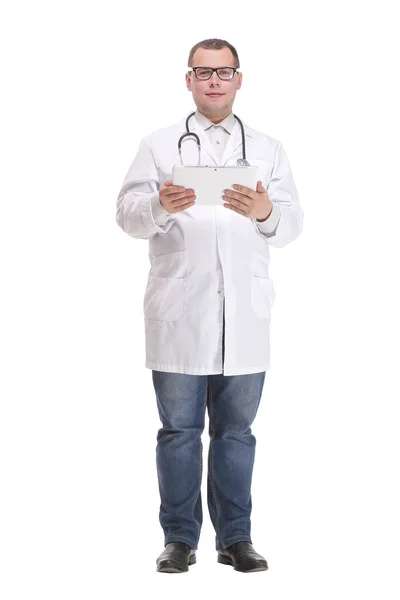 Smiling doctor with tablet computer isolated over white background — Stock Photo, Image