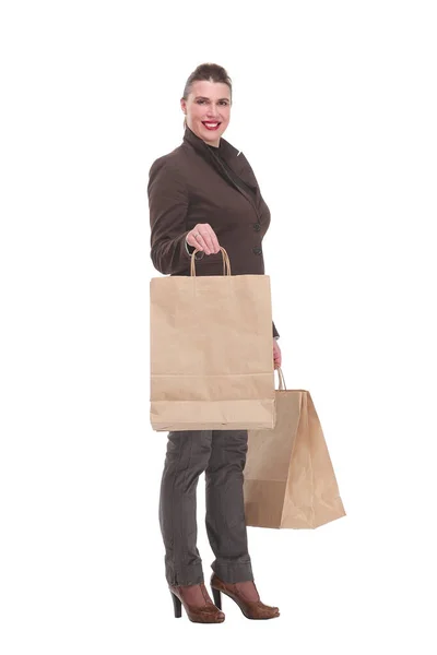 Compras dama con hermosa sonrisa sosteniendo bolsas de compras — Foto de Stock