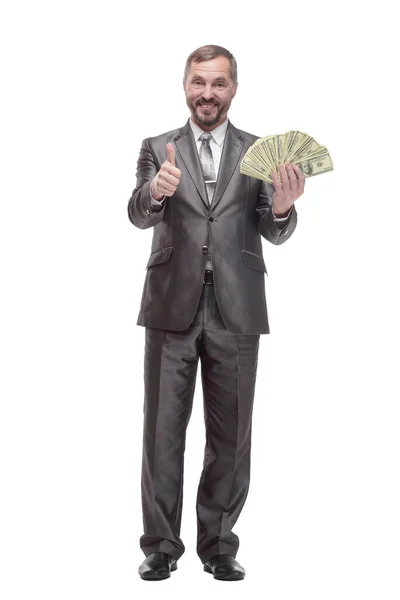 В полном росте. счастливый бизнесмен с долларовыми купюрами. — стоковое фото