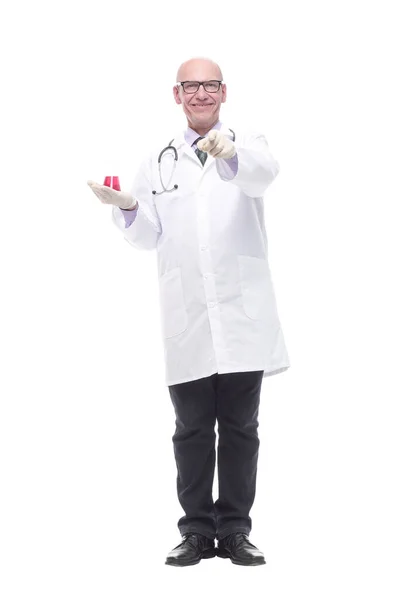 Competent doctor with a laboratory flask. isolated on a white — Stock Photo, Image