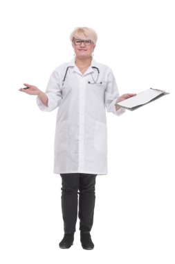 Tam gelişim. Elinde dosya olan uzman bir doktor..