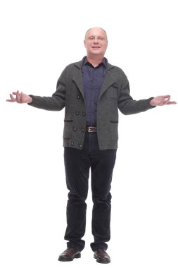 Günlük giysiler içinde yetişkin bir adam. Beyaz bir arka planda izole edilmiş..