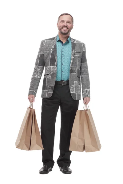 Tam gelişim. Alışveriş torbalı mutlu adam.. — Stok fotoğraf