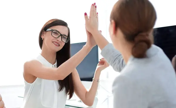 Two Employees Giving Each Other High Five Success Concept — Stock Photo, Image