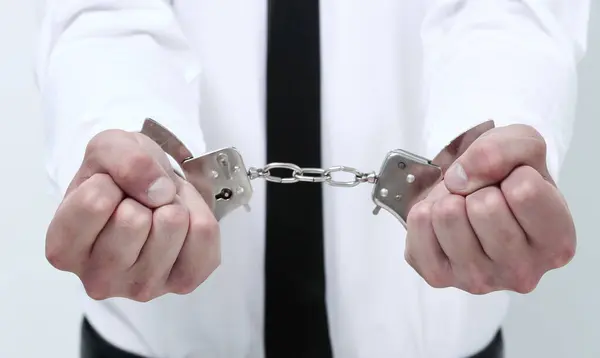 Close Businessman Handcuffs Isolated Light Background — Stock Photo, Image