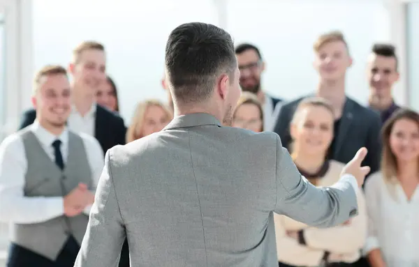 Rear View Young Businessman Speaking Addressing His Business Team — Stock Photo, Image