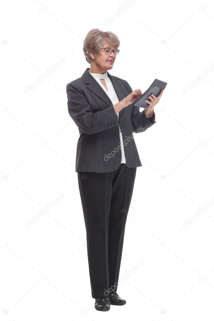 The elderly woman pointed at the calculator over white bacground