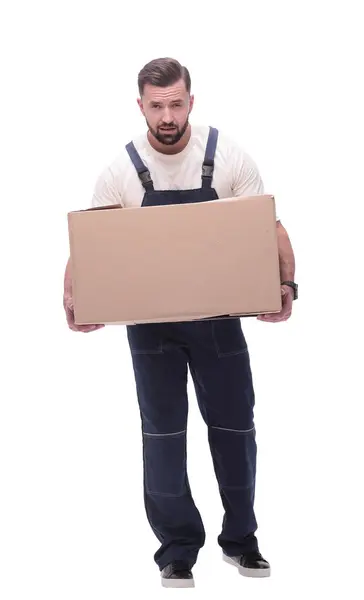 Smiling Man Cardboard Boxes His Shoulders Isolated White — Stock Photo, Image