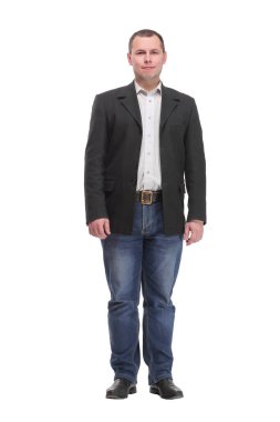 Beyaz arka planda izole edilmiş mutlu gülümseyen genç iş adamının portresi. İş başarısı konsepti.