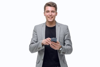 tam büyüme. yakışıklı adam akıllı telefonunda bir metin mesajı okuma . beyaz izole