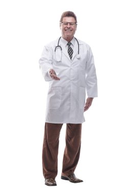 Tam gelişim. Arkadaş canlısı terapist sana bakıyor. beyaz arkaplanda izole edilmiş