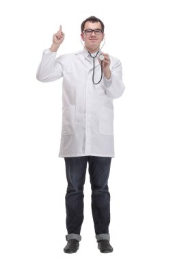 Portrait of male doctor with coat holding stethoscope and pointed his finger up