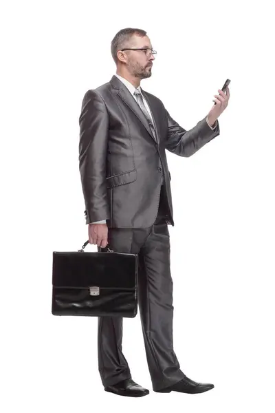 Full Growth Executive Business Man Smartphone Isolated White Background Glasses — Stock Photo, Image
