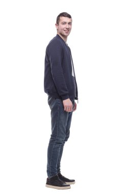 Kotlu ve ceketli genç bir adam. beyaz arkaplanda izole edilmiş.