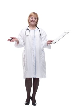 Tam gelişim. Dost canlısı, dostane bir kadın doktor. beyaz arkaplanda izole edilmiş.