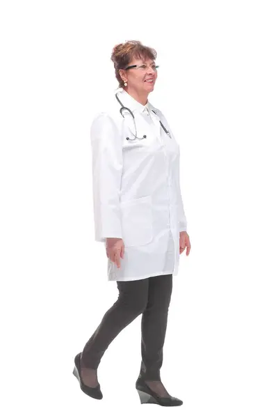 Female Doctor Walking Camera Smiling Isolated White Background — Stock Photo, Image