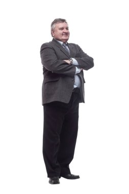 Tam boy. Takım elbiseli arkadaş canlısı bir adam. beyaz arkaplanda izole edilmiş.