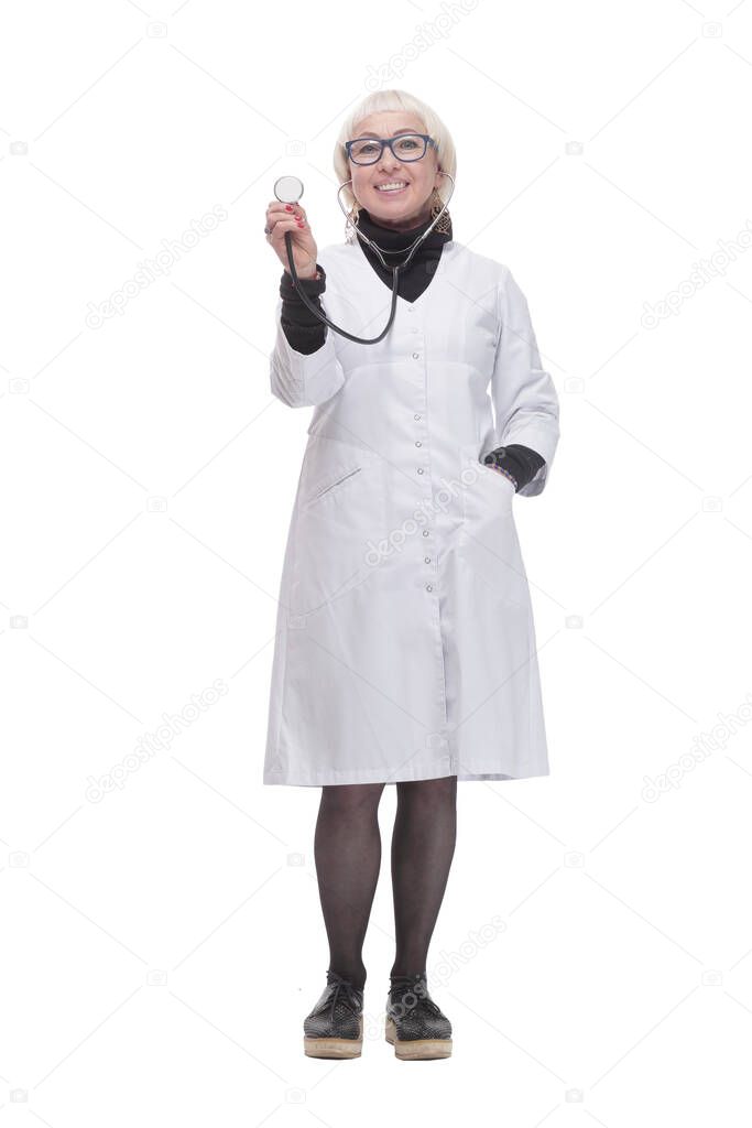 woman doctor with a stethoscope in her hands. isolated on a white background.