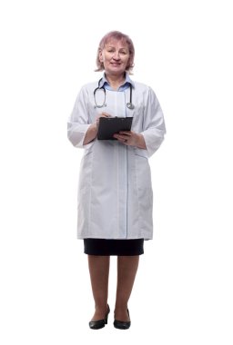 Tam gelişim. Elinde dosya olan bir kadın terapist. beyaz arkaplanda izole edilmiş